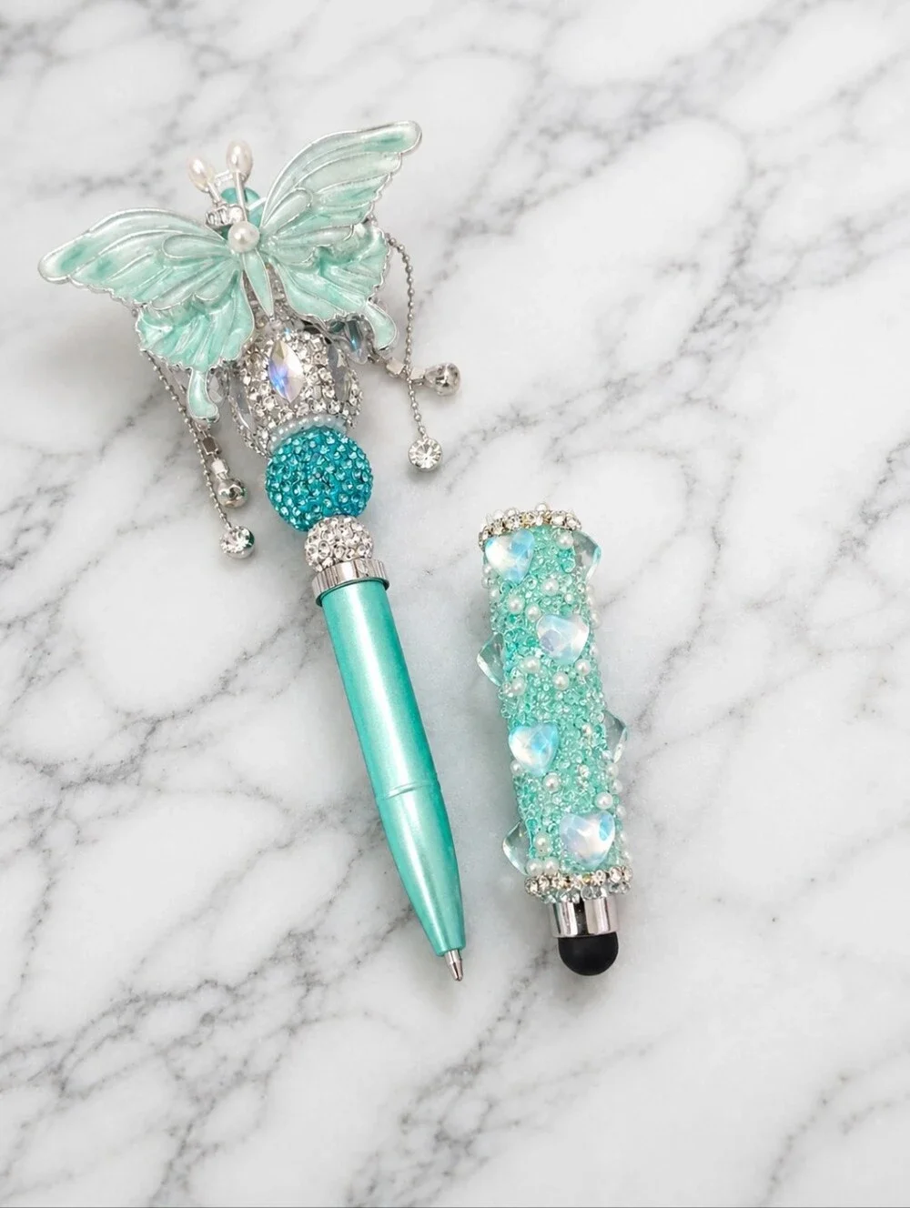 Mint Blue Butterfly Crystal Beaded Stylus Pen